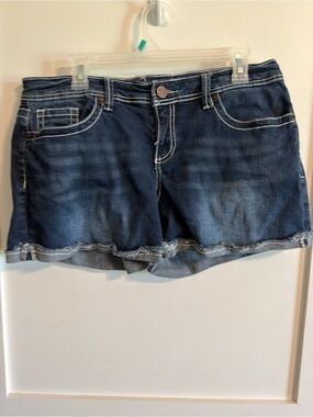 Women's Dark Indigo Denim Jean Shorts with Frayed Hem